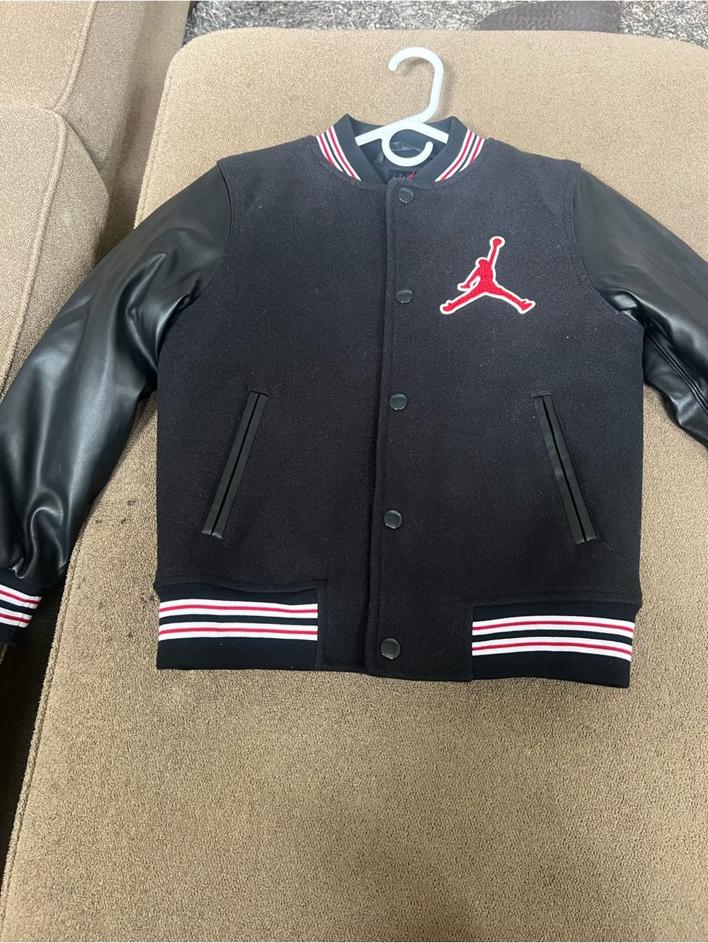 Jordan Kids Flight Varsity Jacket Black Red Faux Leather Sleeves